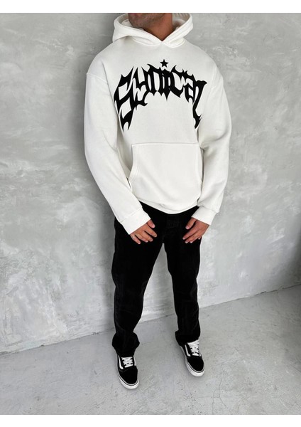 Unisex Üç Iplik Kapşonlu Baskılı Sweatshirt - Beyaz modelleri