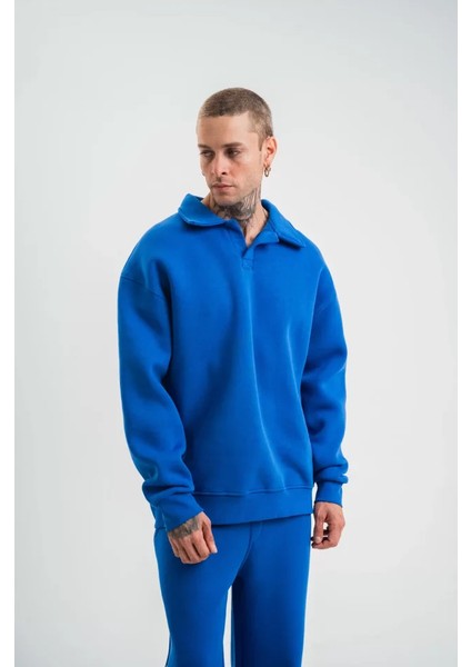 Unisex Double Oversize Patlı Yaka Sweatshirt - Mavi