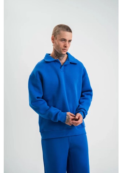 Unisex Double Oversize Patlı Yaka Sweatshirt - Mavi