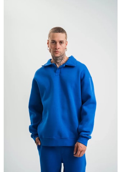 Unisex Double Oversize Patlı Yaka Sweatshirt - Mavi