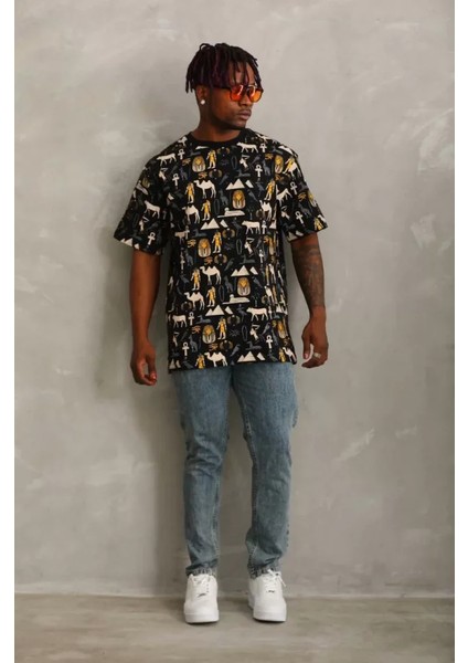 Unisex Oversize Baskılı Bisiklet Yaka T-Shirt - Siyah