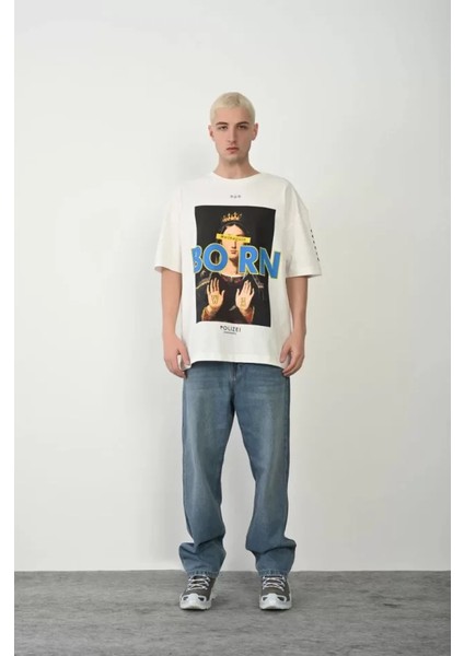 Unisex Baskılı Bisiklet Yaka Oversize T-Shirt - Beyaz