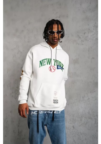 Erkek Baskılı Kapüşonlu Sweatshirt - Beyaz modelleri