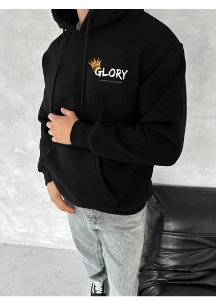 Kışlık Üç Iplik Kapşonlu Sweatshirt - Siyah