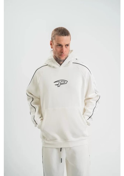 Polızeı Premium Kalite Unisex Kapşonlu Ara Biyeli Sweatshirt - Beyaz