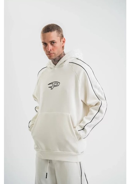 Polızeı Premium Kalite Unisex Kapşonlu Ara Biyeli Sweatshirt - Beyaz fırsatları