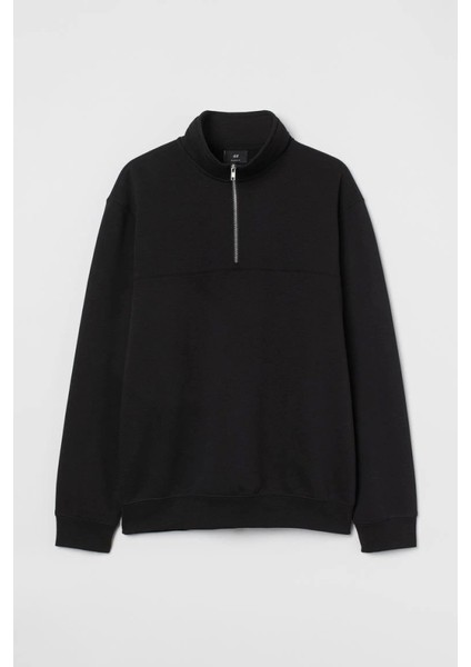 Oversize Yarım Farmuarlı Yakalı Basic Sweatshirt - Siyah
