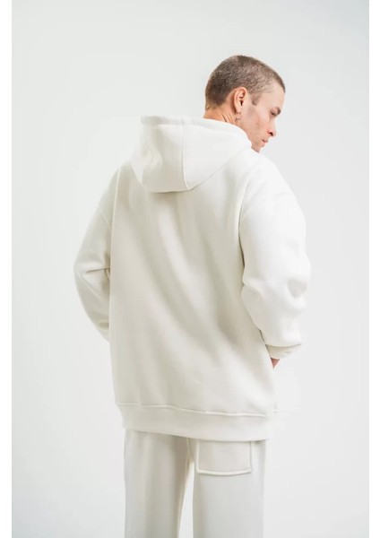 Unisex Double Oversize Kapşonlu Basic Sweatshirt - Beyaz
