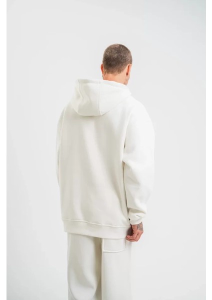 Unisex Double Oversize Kapşonlu Basic Sweatshirt - Beyaz