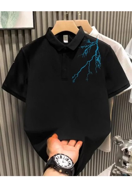 Unisex Yakası Düğmeli Oversize Baskılı T-Shirt - Siyah