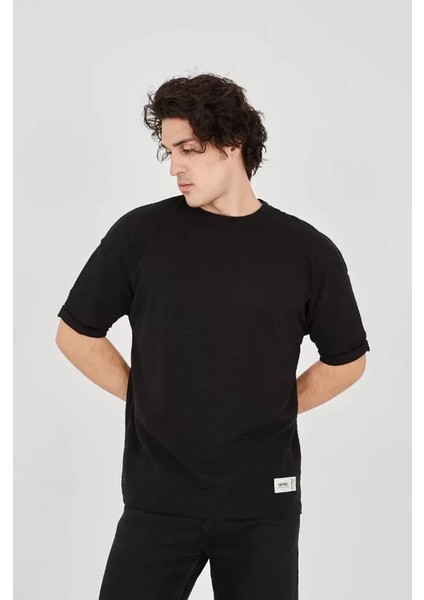 Unisex Jakar Kumaş Rahat Kol T-Shirt - Siyah