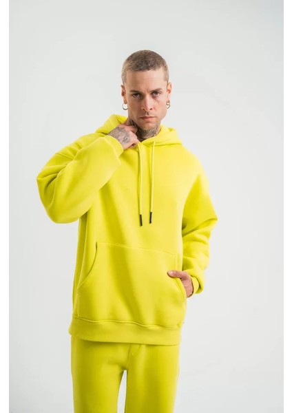 Unisex Double Oversize Kapşonlu Basic Sweatshirt - Sarı