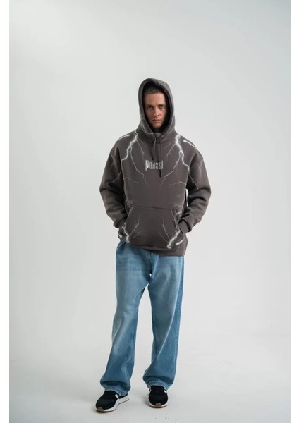 Double Oversize Kapşonlu Şimşek Pano Baskılı Sweatshirt - Füme