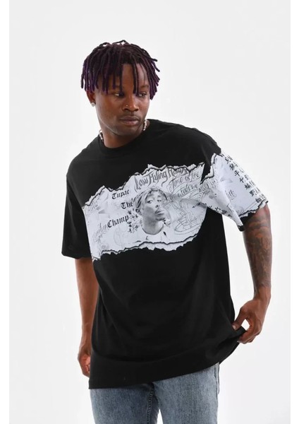 Unisex Bisiklet Yaka Baskılı Oversize T-Shirt - Siyah modelleri