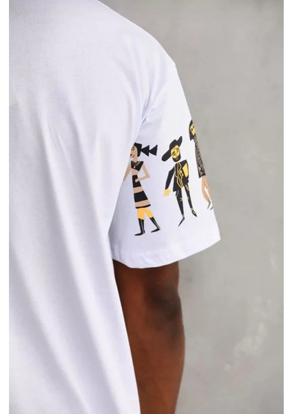 Unisex Bisiklet Yaka Baskılı Oversize T-Shirt - Beyaz fırsatları
