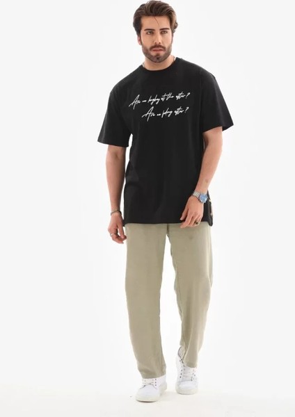 Unisex Bisiklet Yaka Baskılı Oversize T-Shirt - Siyah