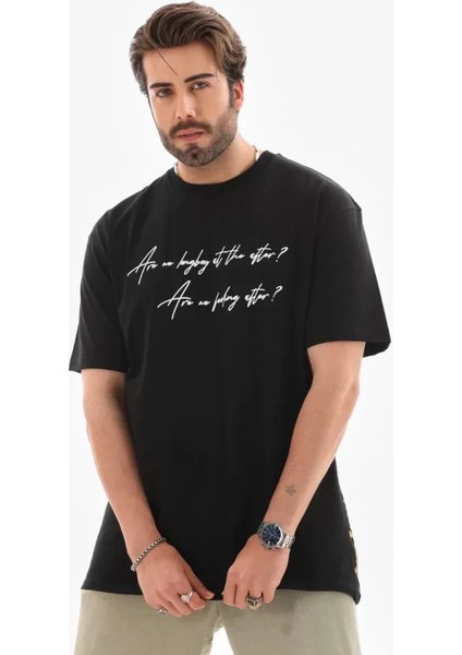 Unisex Bisiklet Yaka Baskılı Oversize T-Shirt - Siyah