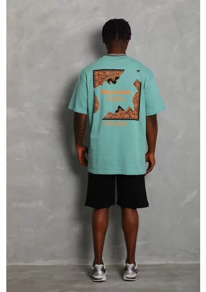 Unisex Oversize Baskılı Bisiklet Yaka T-Shirt - Mint Yeşili