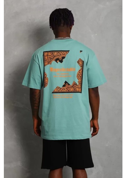 Unisex Oversize Baskılı Bisiklet Yaka T-Shirt - Mint Yeşili fırsatları