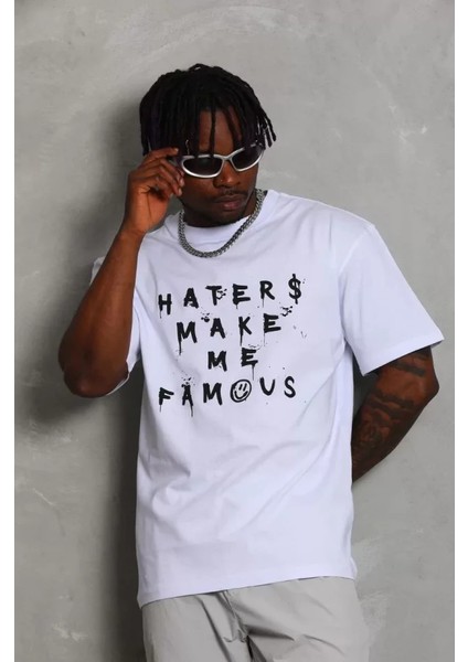 Unisex Oversize Baskılı Bisiklet Yaka T-Shirt - Beyaz