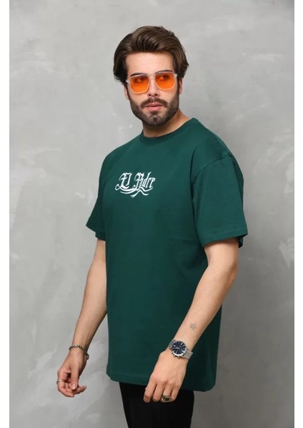 Unisex Bisiklet Yaka Baskılı Oversize T-Shirt - Yeşil fırsatları