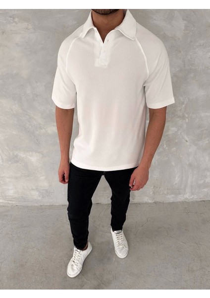 Yakalı Patlı Kısa Kol T-Shirt - Beyaz