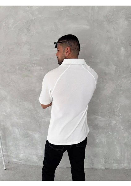 Yakalı Patlı Kısa Kol T-Shirt - Beyaz modelleri