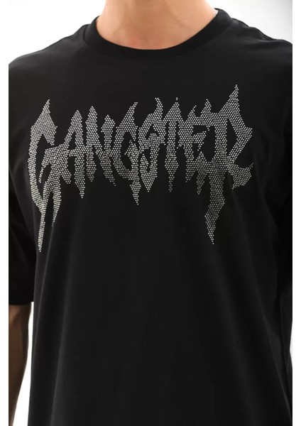 Unisex Oversize Taşlı Bisiklet Yaka T-Shirt - Siyah modelleri