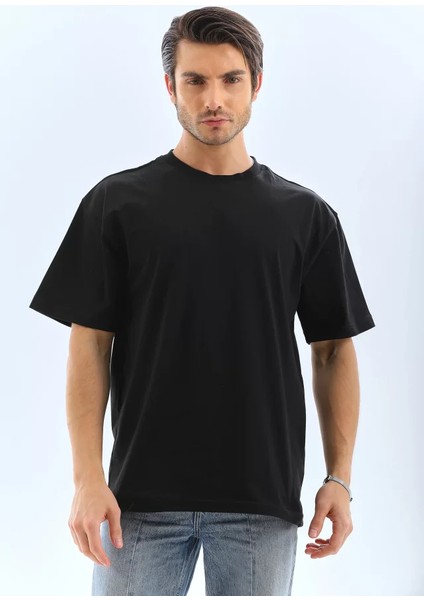 Unisex Oversize Düz Bisiklet Yaka T-Shirt - Siyah