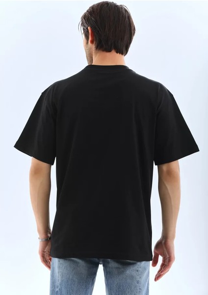 Unisex Oversize Düz Bisiklet Yaka T-Shirt - Siyah