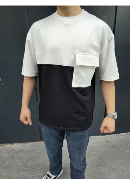 Unisex Torba Cep Detaylı Parçalı T-Shirt - Siyah