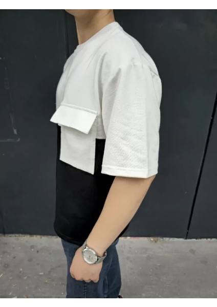 Unisex Torba Cep Detaylı Parçalı T-Shirt - Siyah