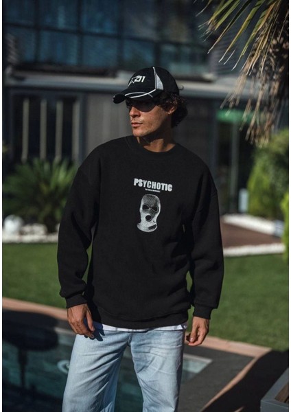 Kışlık Bisiklet Yaka Baskılı Sweatshirt - Siyah