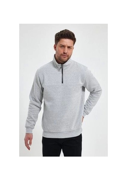 Oversize Yarım Farmuarlı Yakalı Basic Sweatshirt - Gri