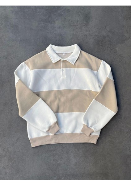 Unisex Üç Iplik Parçalı Yakalı Sweatshirt - Bej