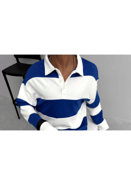Unisex Üç Iplik Parçalı Yakalı Sweatshirt - Mavi