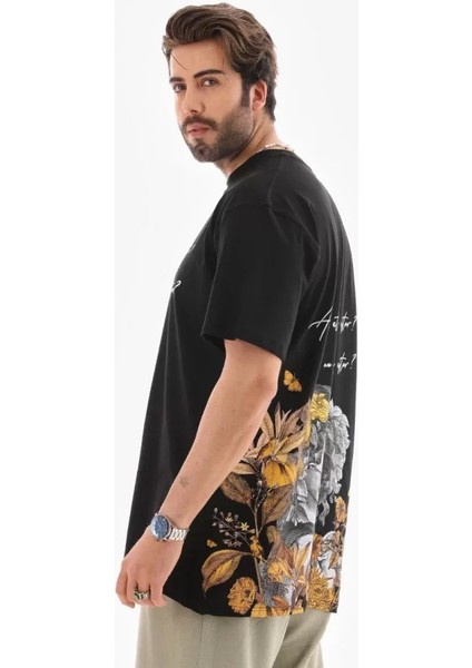 Unisex Bisiklet Yaka Baskılı Oversize T-Shirt - Siyah