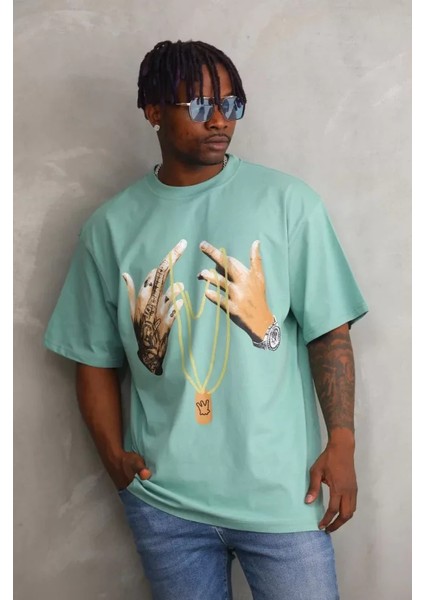 Unisex Baskılı Oversize T-Shirt - Mint Yeşili modelleri