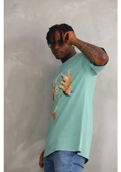 Unisex Baskılı Oversize T-Shirt - Mint Yeşili fırsatları