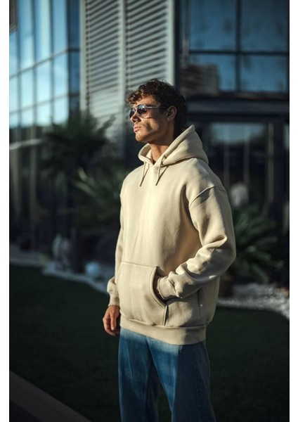Üç Iplik Penye Kapşonlu Basic Sweatshirt - Bej