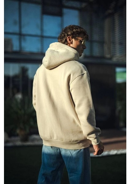 Üç Iplik Penye Kapşonlu Basic Sweatshirt - Bej