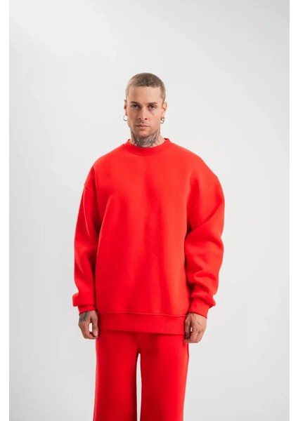 Uzun Kol Bisiklet Yaka Basic Sweatshirt - Kırmızı