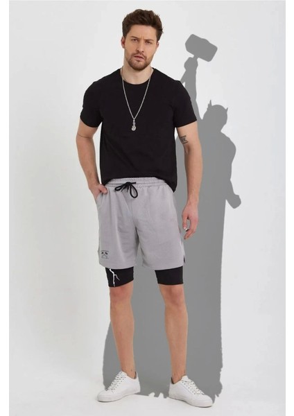 Unisex Baskılı Iç Cepli Sporcu Alt Taytlı Şort - Gri