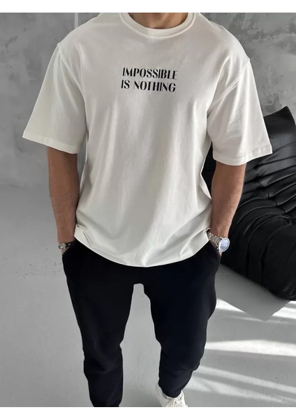 Unisex Bisiklet Yaka Baskılı Oversize T-Shirt - Beyaz