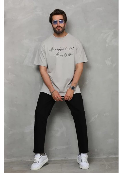Unisex Bisiklet Yaka Baskılı Oversize T-Shirt - Gri