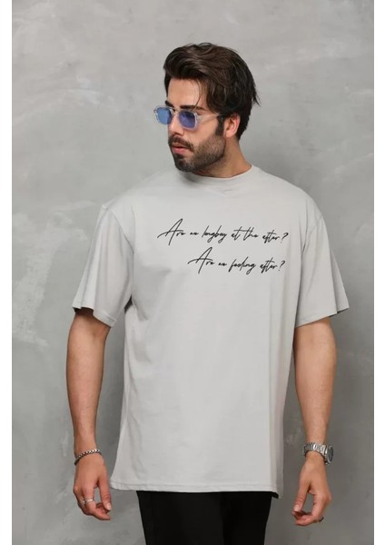 Unisex Bisiklet Yaka Baskılı Oversize T-Shirt - Gri