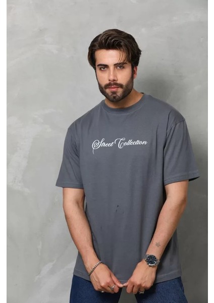 Unisex Bisiklet Yaka Baskılı Oversize T-Shirt - Füme fırsatları