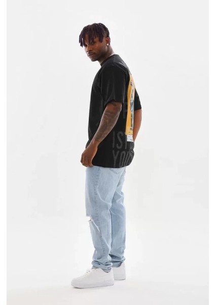 Unisex Baskılı Oversize T-Shirt - Siyah modelleri