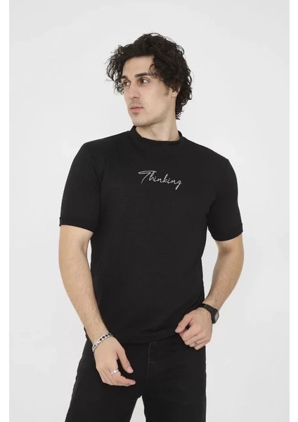 Unisex Bisiklet Yaka Slim Fit T-Shirt- Siyah fiyatları