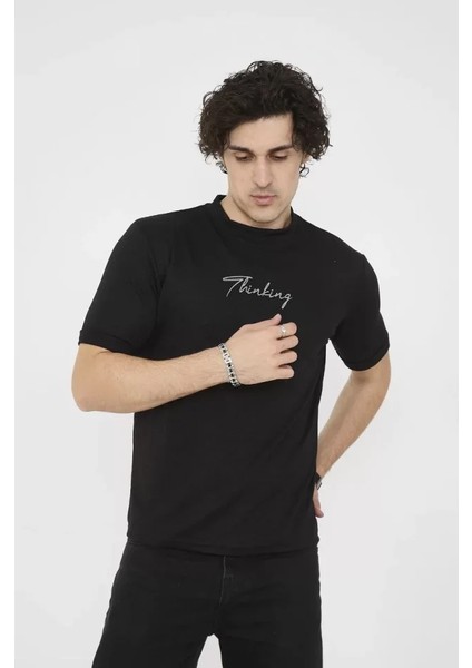 Unisex Bisiklet Yaka Slim Fit T-Shirt- Siyah modelleri